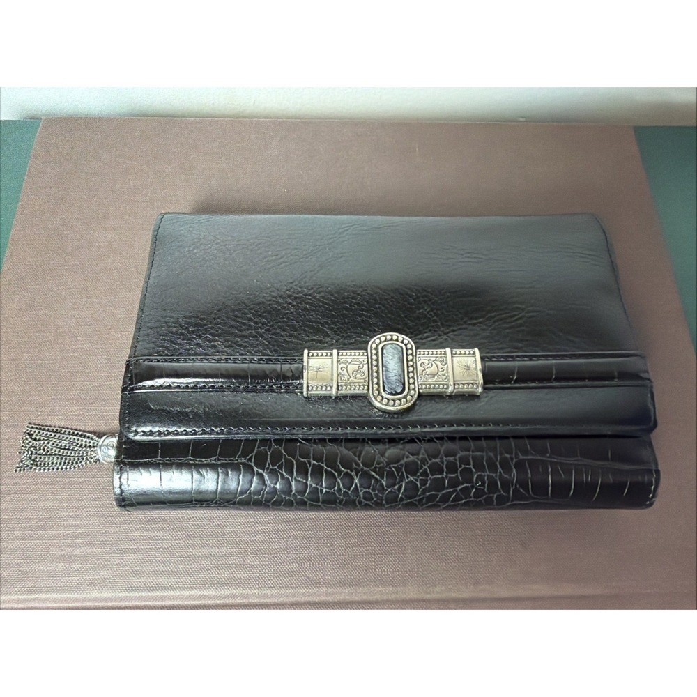 Brighton‎ black Croc Embossed Genuine Leather Silver Tone Accents Trifold Clutch